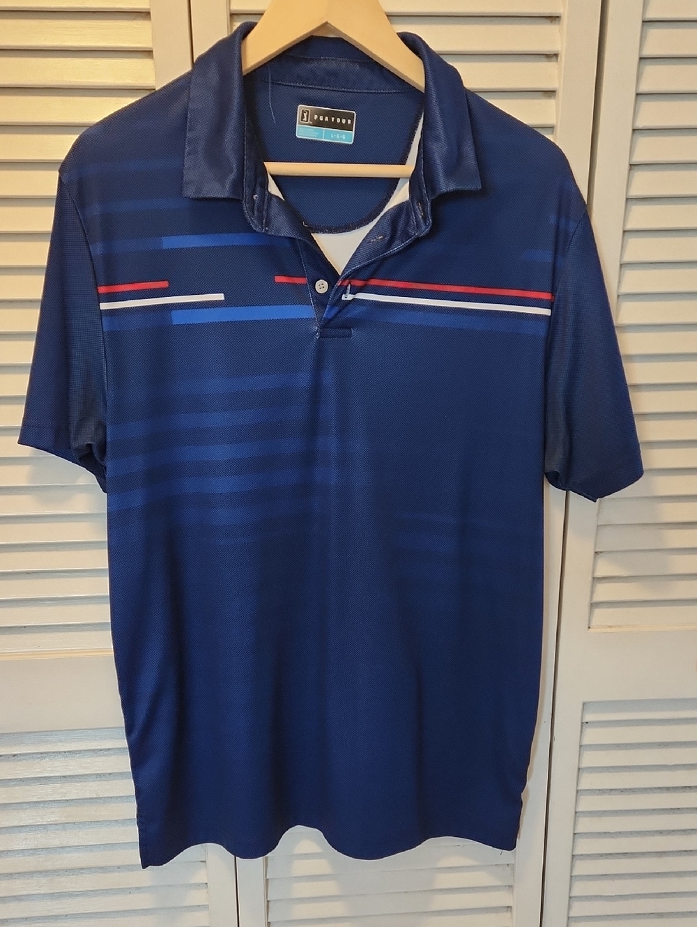 PGA Tour . Men's Royal Navy Polo with Red & White Stripes